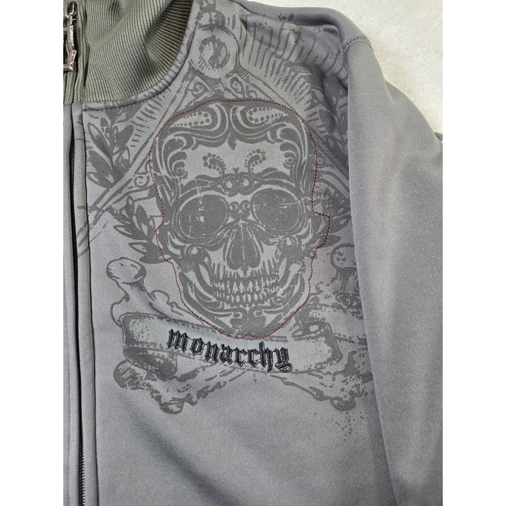 Monarchy Skull Track Jacket Mens Large Embroidered Graphic Moto Streetwear Y2K - Picture 4 of 12